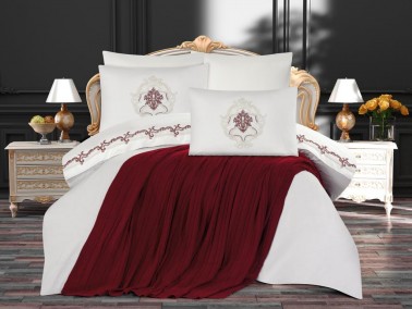 Valeria Double Duvet Cover Set with Blanket Claret Red - Thumbnail