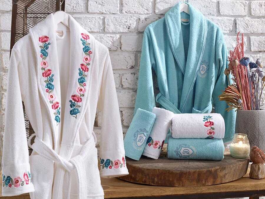  Valeria Luxury Embroidered Cotton Bathrobe Set White Blue - Thumbnail