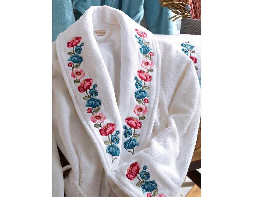  Valeria Luxury Embroidered Cotton Bathrobe Set White Blue - Thumbnail