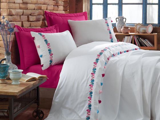 Valeria Embroidered Tasseled Cotton Satin Double Duvet Cover Set Fuchsia