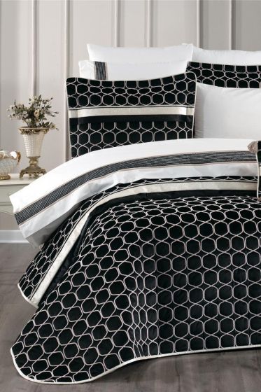 Valeron Bridal Set 10 pcs, Bedspread 250x260, Sheet 240x260, Duvet Cover 200x220 with Pillowcase, Double Size, Full Bed, Black