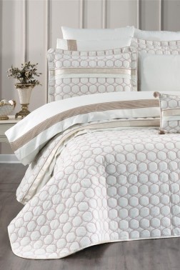 Valeron Bridal Set 10 pcs, Bedspread 250x260, Sheet 240x260, Duvet Cover 200x220 with Pillowcase, Double Size, Full Bed, Cream - Thumbnail