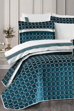 Valeron Bridal Set 10 pcs, Bedspread 250x260, Sheet 240x260, Duvet Cover 200x220 with Pillowcase, Double Size, Full Bed, Green - Thumbnail
