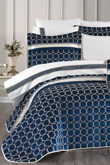 Valeron Bridal Set 10 pcs, Bedspread 250x260, Sheet 240x260, Duvet Cover 200x220 with Pillowcase, Double Size, Full Bed, Navy Blue