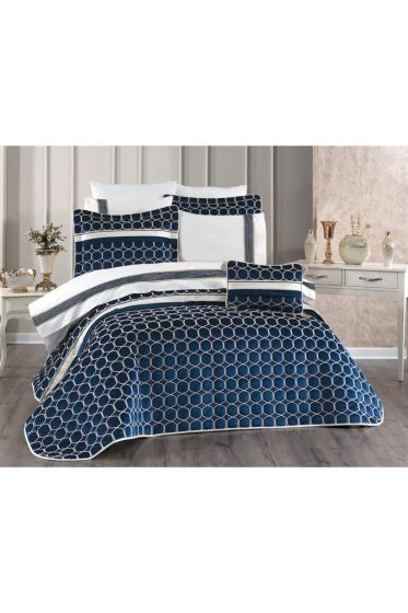 Valeron Bridal Set 10 pcs, Bedspread 250x260, Sheet 240x260, Duvet Cover 200x220 with Pillowcase, Double Size, Full Bed, Navy Blue