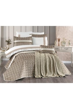 Valeron Bridal Set 11 pcs, Bedspread 250x260, Sheet 240x260, Duvet Cover 200x220, Blanket 220x240, Double Size, Full Bed, Brown - Thumbnail