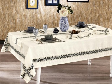 Vals Embroidered Linen Placemat with Table Cloth Set 14 Pcs - Thumbnail