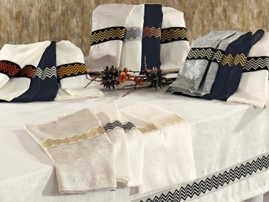 Vals Embroidered Linen Placemat with Table Cloth Set 14 Pcs - Thumbnail