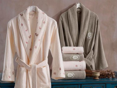 Vanessa Cotton Bathrobe Set Cream Beige - Thumbnail