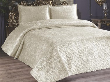 Çeyiz Diyarı - Velica Velvet Bedspread Set 3pcs, Coverlet 250x260, Pillowcase 50x70, Double Size, Queen, Cream Çeyiz Diyarı - Velica Velvet Bedspread Set 3pcs, Coverlet 250x260, Pillowcase 50x70, Double Size, Queen, Cream