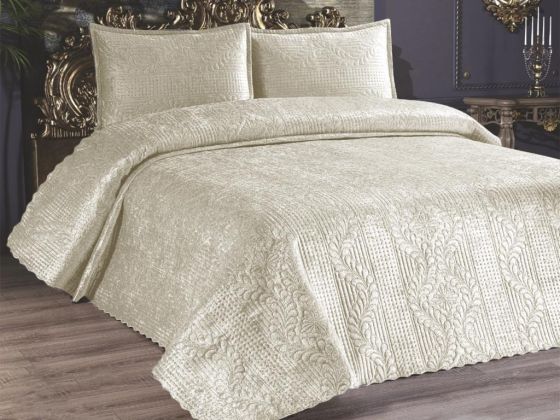 Velica Velvet Bedspread Set 3pcs, Coverlet 250x260, Pillowcase 50x70, Double Size, Queen, Cream