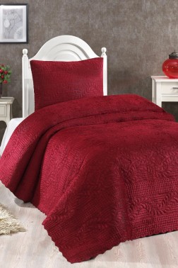 Velica Velvet Bedspread Set 2pcs, Coverlet 180x230, Pillowcase 50x70, Single Size, Queen, Burgundy - Thumbnail