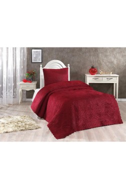 Velica Velvet Bedspread Set 2pcs, Coverlet 180x230, Pillowcase 50x70, Single Size, Queen, Burgundy - Thumbnail