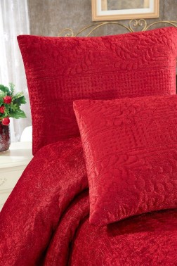 Velica Velvet Bedspread Set 2pcs, Coverlet 180x230, Pillowcase 50x70, Single Size, Queen, Burgundy - Thumbnail