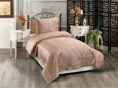 Velica Velvet Bedspread Set 2pcs, Coverlet 180x230, Pillowcase 50x70, Single Size, Queen, Cappucino - Thumbnail