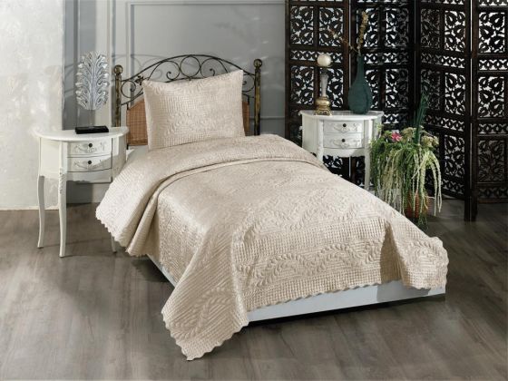 Velica Velvet Bedspread Set 2pcs, Coverlet 180x230, Pillowcase 50x70, Single Size, Queen, Cream