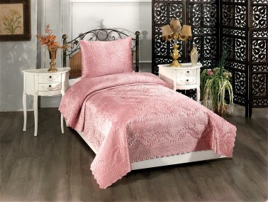 Velica Velvet Bedspread Set 2pcs, Coverlet 180x230, Pillowcase 50x70, Single Size, Queen, Pink - Thumbnail