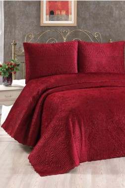 Velica Velvet Bedspread Set 3pcs, Coverlet 250x260, Pillowcase 50x70, Double Size, Queen, Burgundy - Thumbnail