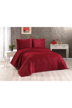 Velica Velvet Bedspread Set 3pcs, Coverlet 250x260, Pillowcase 50x70, Double Size, Queen, Burgundy - Thumbnail