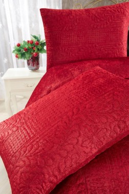 Velica Velvet Bedspread Set 3pcs, Coverlet 250x260, Pillowcase 50x70, Double Size, Queen, Burgundy - Thumbnail