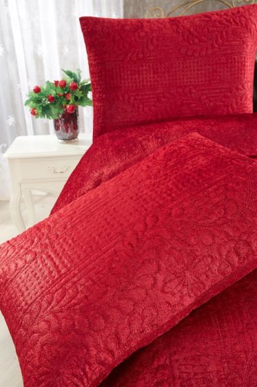 Velica Velvet Bedspread Set 3pcs, Coverlet 250x260, Pillowcase 50x70, Double Size, Queen, Burgundy