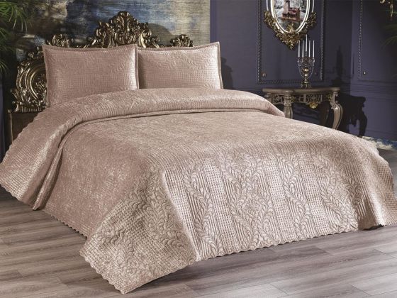 Velica Velvet Bedspread Set 3pcs, Coverlet 250x260, Pillowcase 50x70, Double Size, Queen, Cappucino