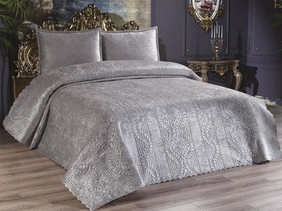 Velica Velvet Bedspread Set 3pcs, Coverlet 250x260, Pillowcase 50x70, Double Size, Queen, Grey