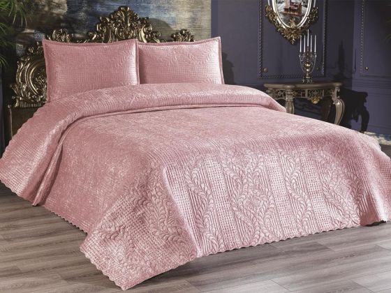 Velica Velvet Bedspread Set 3pcs, Coverlet 250x260, Pillowcase 50x70, Double Size, Queen, Powder