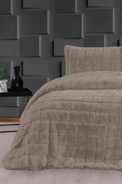 Velina King Size Bedspread Set 3pcs, Coverlet 230x250 with Pillowcase, Ultra Soft Plush Fabric, Cappucino - Thumbnail