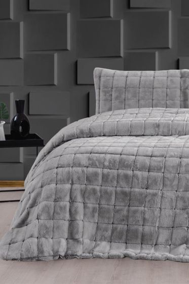 Velina King Size Bedspread Set 3pcs, Coverlet 230x250 with Pillowcase, Ultra Soft Plush Fabric, Gray