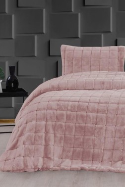 Velina King Size Bedspread Set 3pcs, Coverlet 230x250 with Pillowcase, Ultra Soft Plush Fabric, Pink - Thumbnail