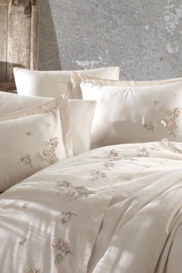 Venus Embroidered 100% Cotton Sateen, Duvet Cover Set, Duvet Cover 200x220, Sheet 240x260, Double Size, Full Size Champagne