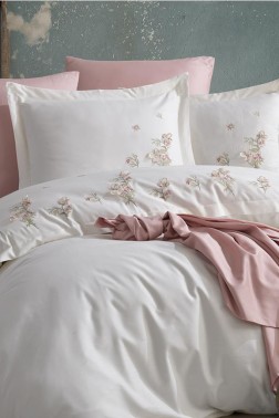 Venus Embroidered 100% Cotton Sateen, Duvet Cover Set, Duvet Cover 200x220, Sheet 240x260, Double Size, Full Size Ecru - Thumbnail