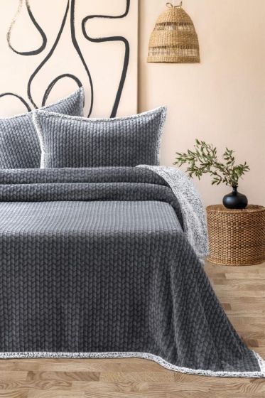 Vera All Day King Size Bedspread Set 3pcs, Coverlet 220x240 with Pillowcase, Ultra Soft Plush Fabric, Gray