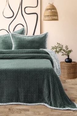 Çeyiz Diyarı - Vera All Day King Size Bedspread Set 3pcs, Coverlet 220x240 with Pillowcase, Ultra Soft Plush Fabric, Green