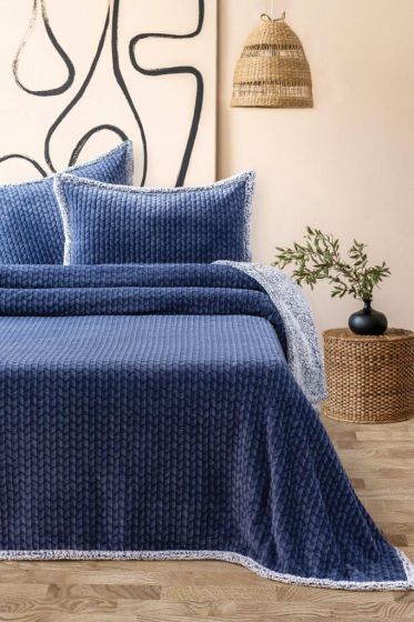 Vera All Day King Size Bedspread Set 3pcs, Coverlet 220x240 with Pillowcase, Ultra Soft Plush Fabric, Navy Blue