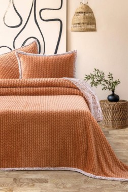 Çeyiz Diyarı - Vera All Day King Size Bedspread Set 3pcs, Coverlet 220x240 with Pillowcase, Ultra Soft Plush Fabric, Orange