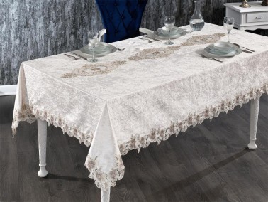 Verda French Guipure Velvet Table Cloth Cappucino - Thumbnail