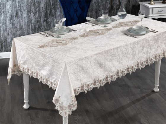 Verda French Guipure Velvet Table Cloth Cappucino
