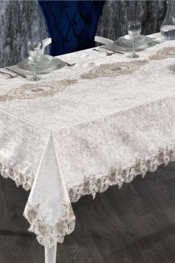 Verda French Guipure Velvet Table Cloth Cappucino - Thumbnail