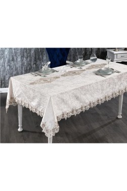 Verda French Guipure Velvet Table Cloth Cappucino - Thumbnail