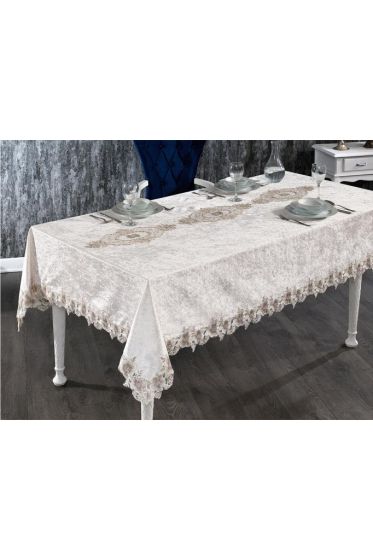 Verda French Guipure Velvet Table Cloth Cappucino