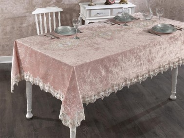 Verda French Guipure Velvet Table Cloth Powder - Thumbnail