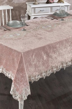 Verda French Guipure Velvet Table Cloth Powder - Thumbnail