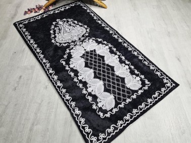 Verna Embroidered Velvet Prayer Rug 65x125 cm Black - Thumbnail