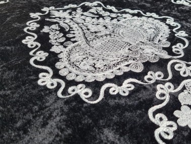 Verna Embroidered Velvet Prayer Rug 65x125 cm Black - Thumbnail