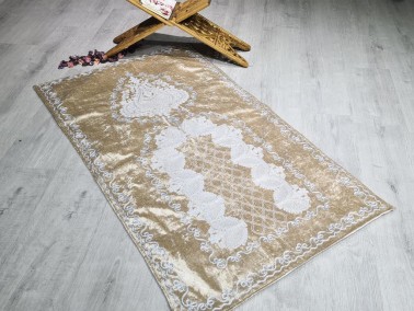 Verna Embroidered Velvet Prayer Rug 65x125 cm Cappucino - Thumbnail