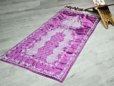 Verna Embroidered Velvet Prayer Rug 65x125 cm Fuchsia - Thumbnail