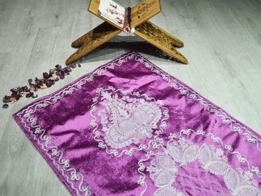 Verna Embroidered Velvet Prayer Rug 65x125 cm Fuchsia - Thumbnail