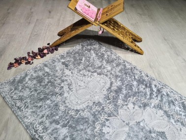 Verna Embroidered Velvet Prayer Rug 65x125 cm Grey - Thumbnail